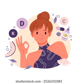 Alimentos, suplementos dietéticos, cosméticos enriquecidos con vitaminas para un estilo de vida saludable. Muchacha feliz que muestra el gesto aceptable a las vitaminas y las cápsulas de K D C, Ilustración vectorial de dibujos animados de la botella de la fruta y del suero