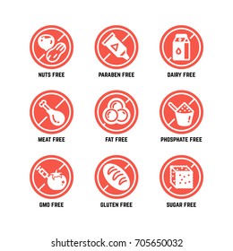Food dietary symbols. Gmo free, no gluten, sugarless and allergy vector icons set. No sugar and gluten, ban gmo amd phosphate illustration