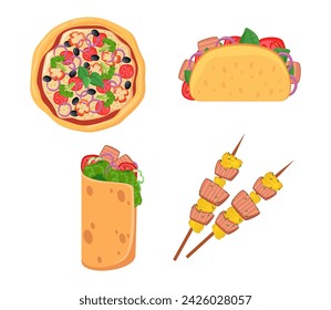 Food of different national cuisines vector illustration. Italian pizza, Mexican burito and taco, French canape, American sandwich. International cuisine, fast food concept.
