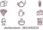 Food and dining line featuring a loaf of bread, teapot, wheat stalk, bunch of grapes, coffee mug, cheese wedge, boiled egg, and bowl