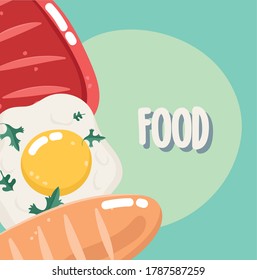 food dinner menu fresh bread fried egg and meat cartoon vector illustration