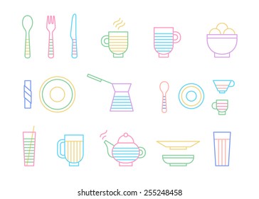 Food and dinnerware set of icons in line vector graphics. Spoon, fork, knife, cup, plate, glass, cezve, teapot, hot beverage and ice-cream 