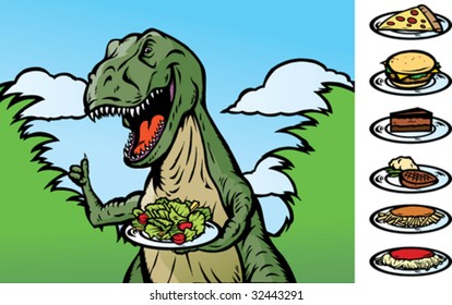 Food dinosaur becoming a vegan, or showing food.  With Vector, food is on a separate layer as well as the plate and can be removed.