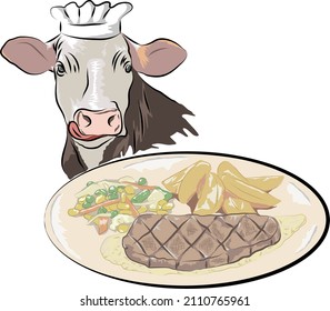 A food dish called steak with a symbol of a cow