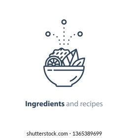 Food dish recipe, nutrition concept, salad ingredients, vector mono line icon