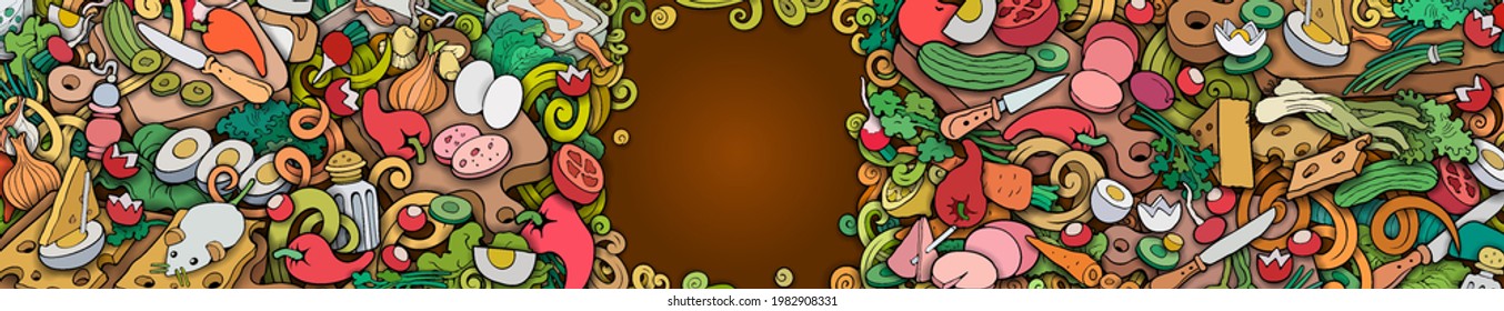 Food and Dishes banner design.  Vector hand drawn colorful cooking illustration.