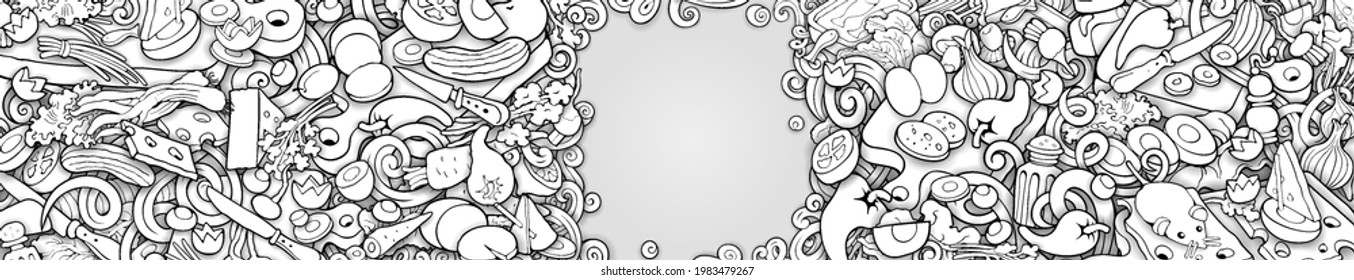 Food and Dishes banner design.  Vector hand drawn line art cooking illustration.