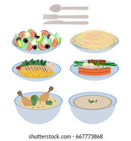 Food dishes collection, soup, salad, pasta with shrimps, chicken breast, sausage, in flat design 