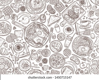 Food and dishes hand drawn vector seamless pattern. Tasty breakfast, morning meal in plates doodles background. Pancakes, sandwiches, croissants sketch. Coffee cups and juice glasses illustration