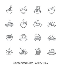 Food Dishes Icon Set Isolated On White Background, Vector Meal Icons Outline Style.