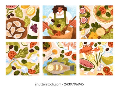 Food, dishes, Mediterranean cuisine cards set. Vegetable salad and seafood, Italian meals. Pizza, salmon fish, oysters delicatessen. Restaurant snacks, square backgrounds. Flat vector illustrations