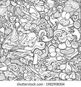 Food and Dishes seamless pattern. Vector hand drawn sketchy cooking  illustration.