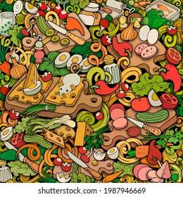 Nahrungsmittel und Speisen sind nahtlos. Vektorhandgezeichnete Illustration zum Kochen.