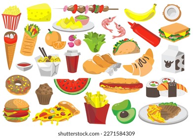 La comida y los platos ponen el concepto sin que la gente esté presente en el estilo de las caricaturas planas. Imagen de varios platos dañinos y saludables. Ilustración vectorial.