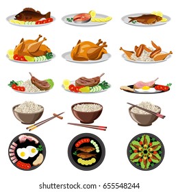 Food dishes set: fish, chicken, meat, rice, vegetables. Vector illustration.