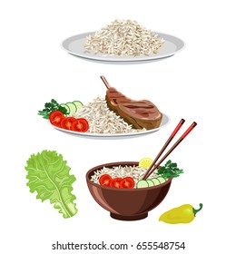 Food dishes set: rice and meat with vegetables. Vector illustrations