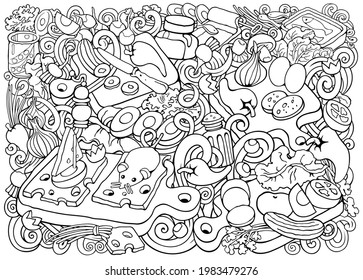 Food and Dishes vector hand drawn sketchy cooking illustration.