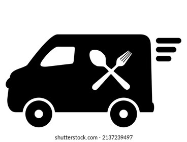 Food Distribution, Car With Shape Spoon And Fork, Isolated Vector Icon, Black And White Colors, Eps.
