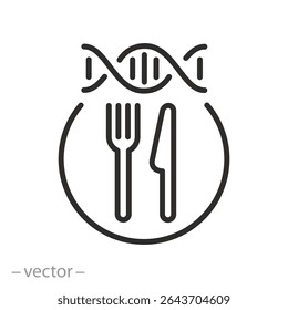 food dna, molecular diet icon, tableware, dna with fork knife, thin line symbol - editable stroke vector illustration