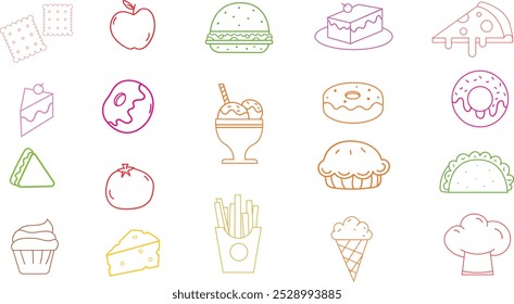 Food doddle collection, Tasty Treat line art,Editable Hand drawn Scribbles collection,Pack of Snack icon Bunch.