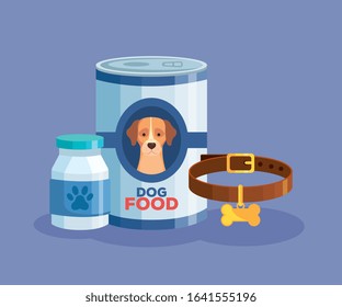 food of dog animal in can and icons vector illustration design