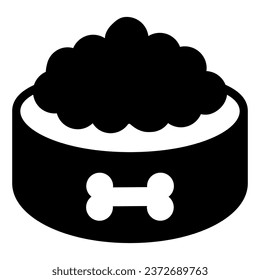 Food in dog bowl with bone solid icon, animal hospital concept, Dry pet food sign on white background, pet bowl with dry food icon in glyph style for mobile, web design. Vector graphics