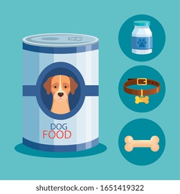 food for dog in can with icons vector illustration design