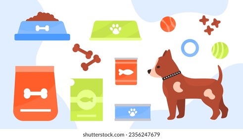 Food for dogs set. Bowls and cans near bone and puppy. Eating for domestic animals, canine. Pack of pet shop goods. Cartoon flat vector collection isolated on white background