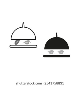 Food dome icon. Restaurant cloche symbol. Leaf garnish illustration. Serving cover vector.