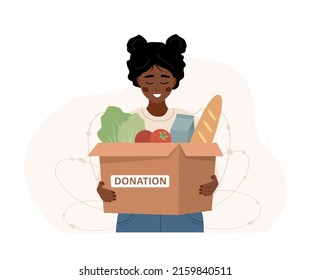 Food donation. African woman holding in hands cardboard box full of different products. Volunteering and social care concept. Support for poor people. Vector illustration in flat cartoon style.