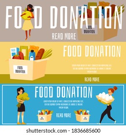 Food donation banner set - cartoon volunteer people holding charity boxes full of groceries donated to the hungry. Vector illustration of website banners collection.