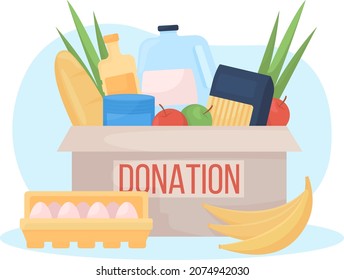 Food donation box 2D vector isolated illustration. Grocery products to give away to non profit. Humanitarian aid flat composition on cartoon background. Charity contribution colourful scene