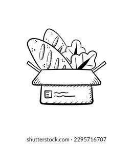 Caja de donación de comida donar caridad y amabilidad doodle línea dibujada a mano ilustración de icono