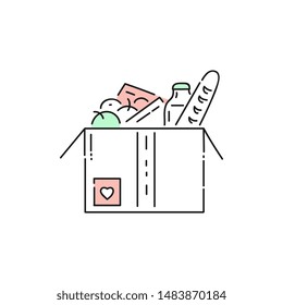 Food donation box icon - flat geometric symbol of giving charity help for homeless. Volunteer fundraiser logo isolated on white background, vector illustration