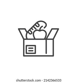 Food donation box line icon. linear style sign for mobile concept and web design. Box with bread and apple outline vector icon. Charity, donation symbol, logo illustration. Vector graphics