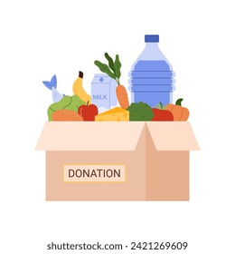 Food donation box, package full of products from grocery store vector illustration