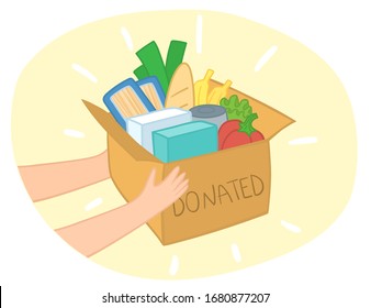 Food donation box vector with different food in it. Hands giving box. Charity card-box with food. Delivery of the product during quarantine.Food delivery. Card-box from a supermarket with groceries
