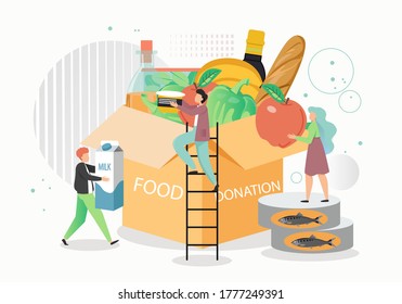 Food donation box, vector flat illustration. Volunteers tiny male and female characters boxing groceries for homeless and poor people. Humanitarian aid, food drive, donation and charity, volunteering.