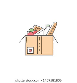 Food Donation Cardboard Box Icon - Charity Fundraiser Or Humanitarian Aid Organisation Logo In Flat Line Art Style, Giving Help And Volunteer Care To Homeless And Hungry, Isolated Vector Illustration