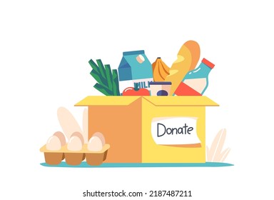 Food Donation, Charity and Humanitarian Aid Concept. Carton Box Full of Grocery Production Vegetables, Fruits, Canned Products, Eggs and Bottled Water. Poor People Support. Cartoon Vector Illustration