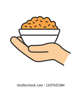 Food donation color icon. Open hand with rice bowl. Chinese fried rice for free. Isolated vector illustration