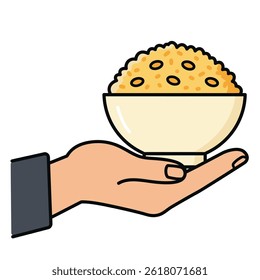 Food donation color icon. Open hand with rice bowl. Chinese fried rice for free. Isolated vector illustration