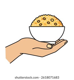 Food donation color icon. Open hand with rice bowl. Chinese fried rice for free. Isolated vector illustration