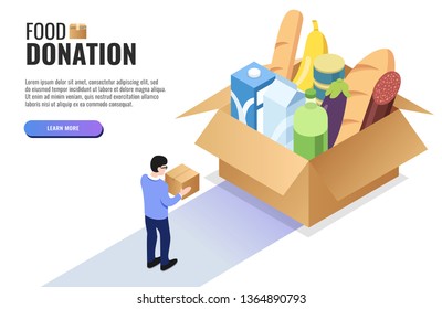 Food Donation Concept. Big Box With Food Donation. User Holding A Box. Web Banner, Infographics. Isometric Vector Illustration.