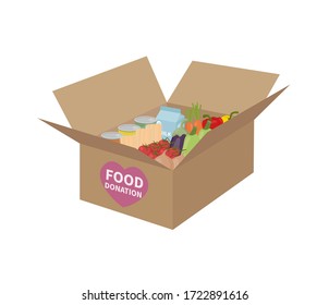 Food donation concept. Big cardboard box with food, grocery and vegetables. Donation box, support social care, volunteering and charity. Flat vector design. Isolated on white background.