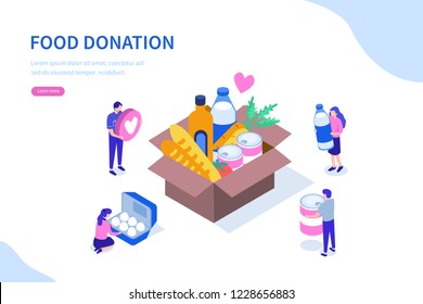 Food donation concept with character. Can use for web banner, infographics, hero images. Flat isometric vector illustration isolated on white background.