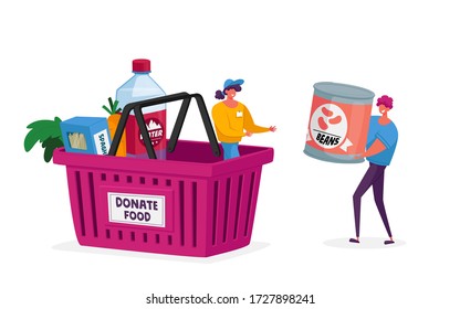 Food Donation Concept. Characters Bringing Foodstuffs for Collecting Donate Box. Volunteers Prepare Products to Poor People. Man Hold Canned Beans, Poverty, Volunteering. Cartoon Vector Illustration