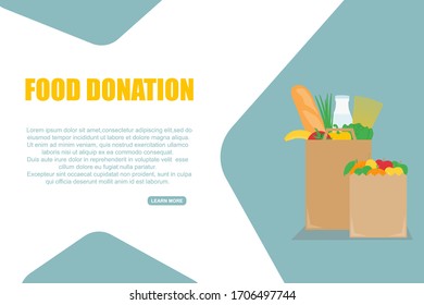 Food Donation Concept. Packages full of food for donation. Web banner. Flat vector.