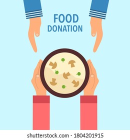 Food donation concept vector illustration on blue background. Woman sharing mushroom soup to people in flat design. Time for charity.	