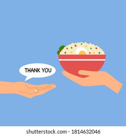 Food donation concept vector illustration. Woman hand sharing a bowl of rice to people in flat design. Time for charity. Meal sharing.